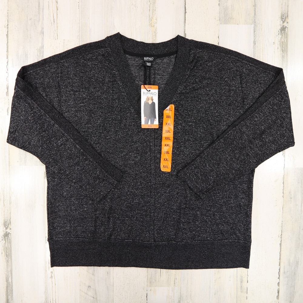 NEW Buffalo David Bitton Top Womens 2XL Black Soft Cozy V Neck Long Sleeve